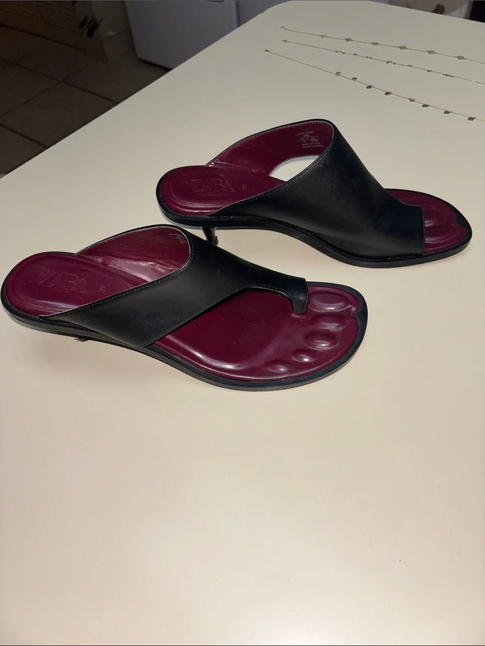 Zara Black Slide Sandal with Burgundy Insole and Kitten Heel